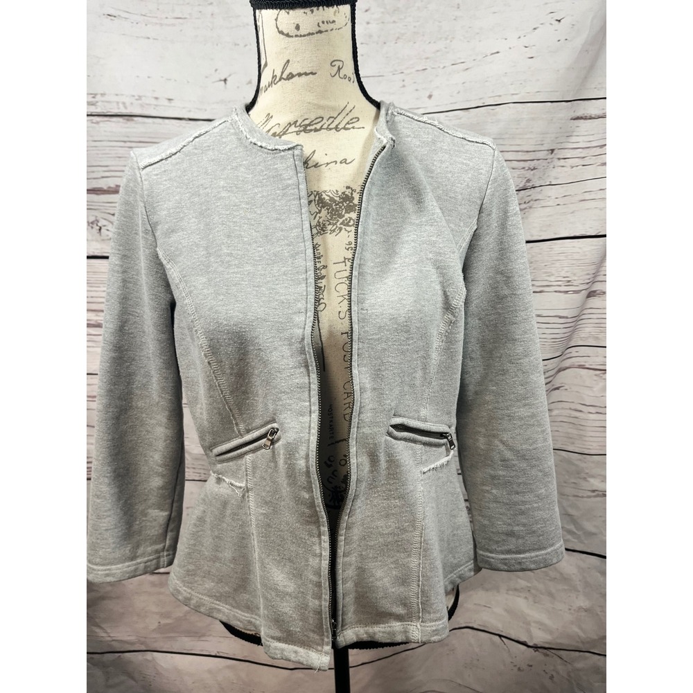 Mossimo Grey Zip Up‎ Moto Blazer Jacket 3/4 Sleeve Raw Edge Sweatshirt Medium
